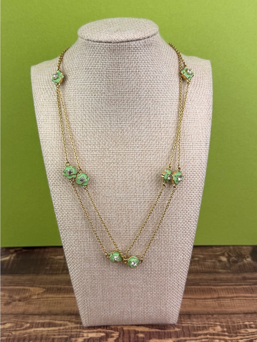 Kate Spade Crystal Rose Garden Long Scatter Necklace | Mint Green Enamel & Gold